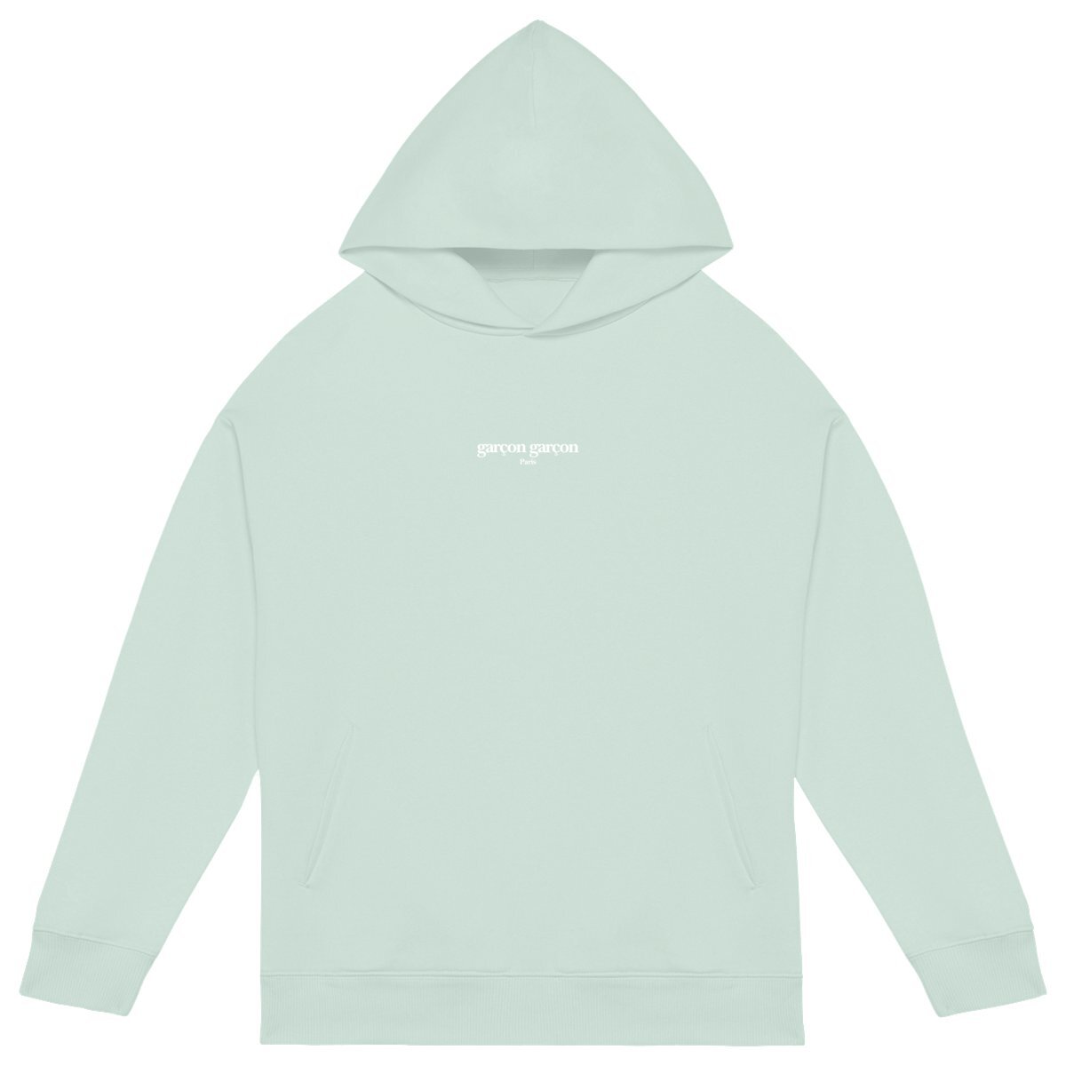 garçon garçon essentiel oversized hoodie. Sleek in green mint and whispering Parisian chic, this hoodie is the sartorial whisper of 'garçon garçon' — a statement of understated elegance. Perfect for those who carry a piece of Paris in their hearts and a touch of audacity on their sleeves.