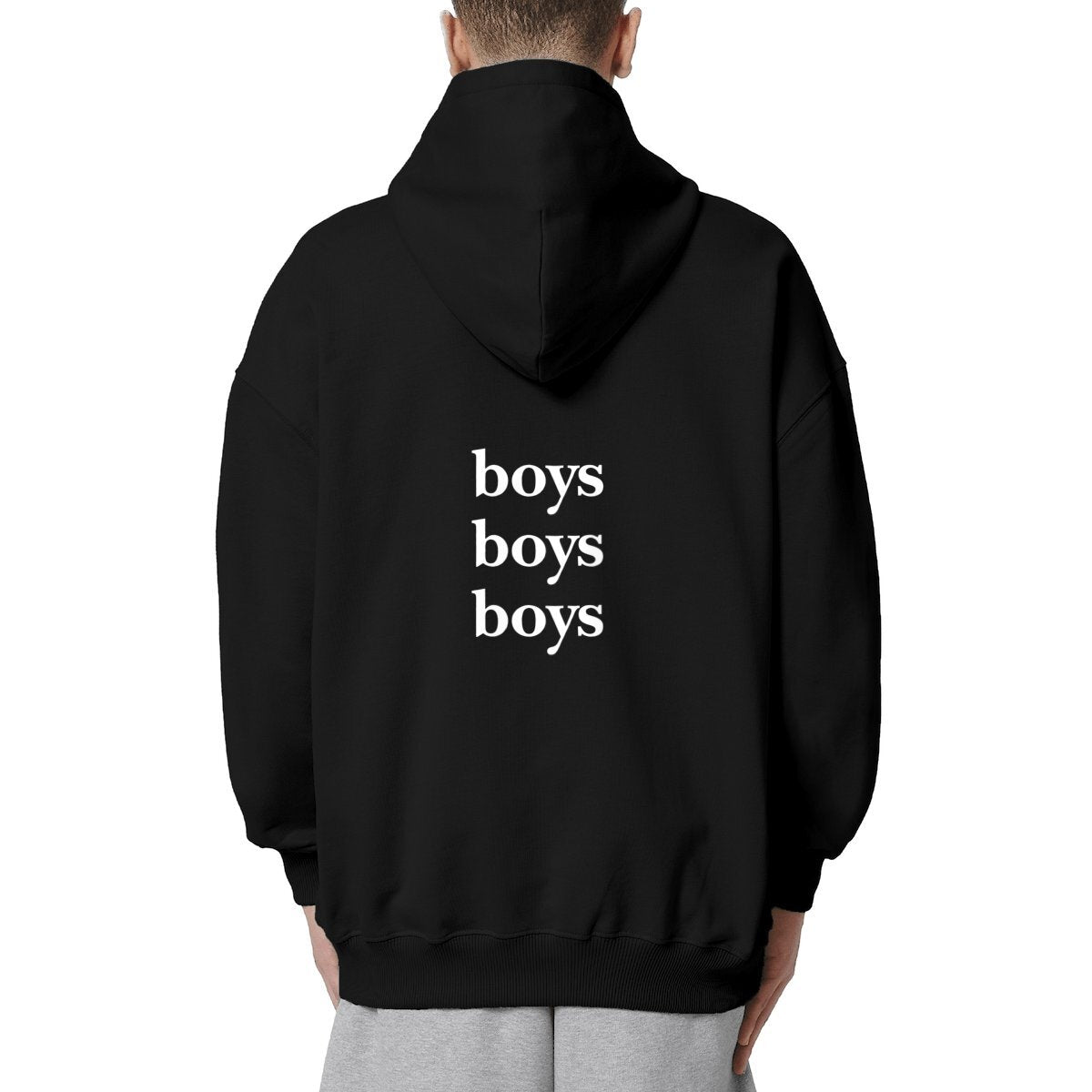 BOYS BOYS BOYS hoodie oversized. garçon garçon essentiel oversized hoodie. Sleek in black and whispering Parisian chic, this hoodie is the sartorial whisper of 'garçon garçon' — a statement of understated elegance. Perfect for those who carry a piece of Paris in their hearts and a touch of audacity on their sleeves.