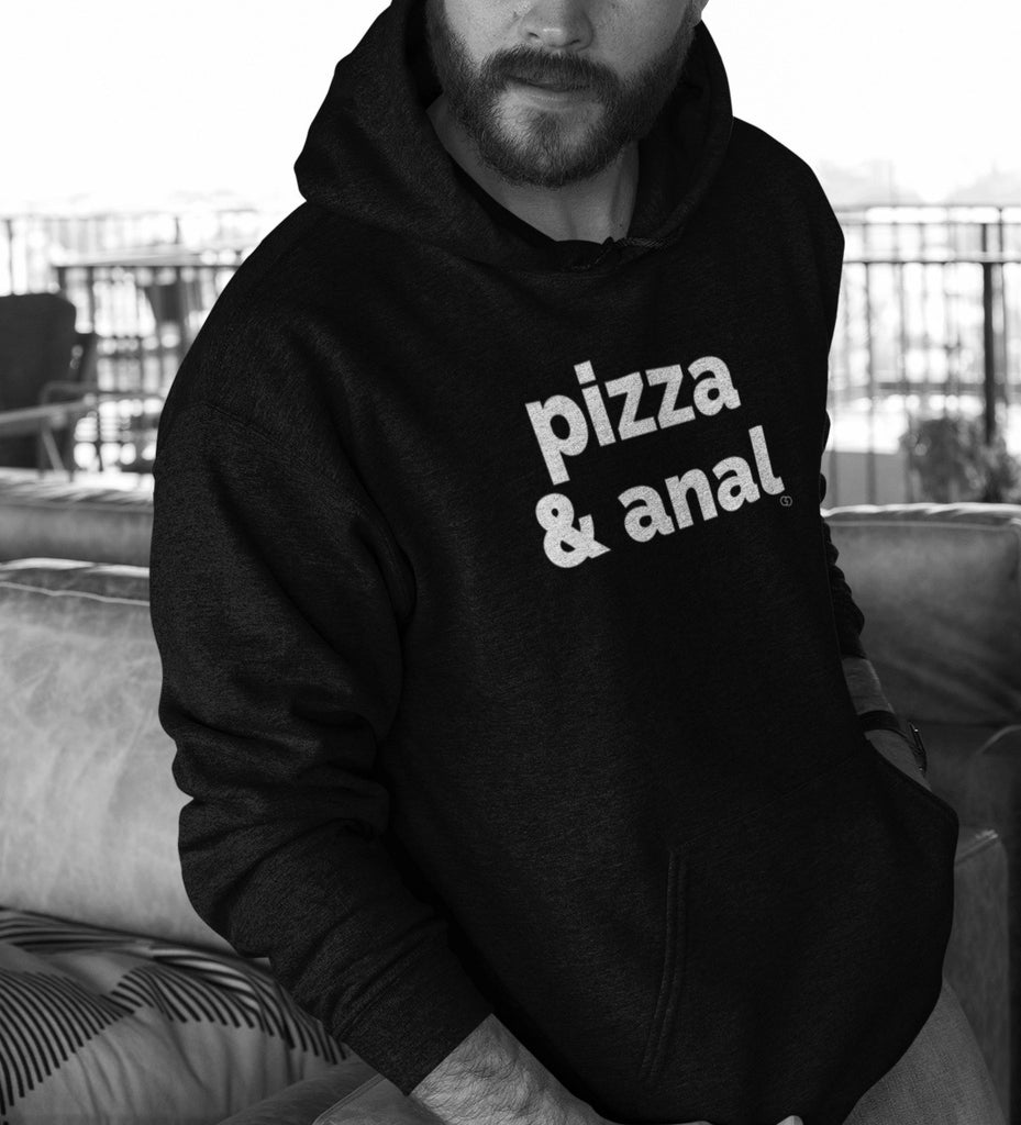 PIZZA & ANAL hoodie -garçon garçon- noir - blanc - imprimé - coton bio - made in france - unisexe -tshirt - monsieur tshirt - le t-shirt propre GAY QUEER LGBTQIA