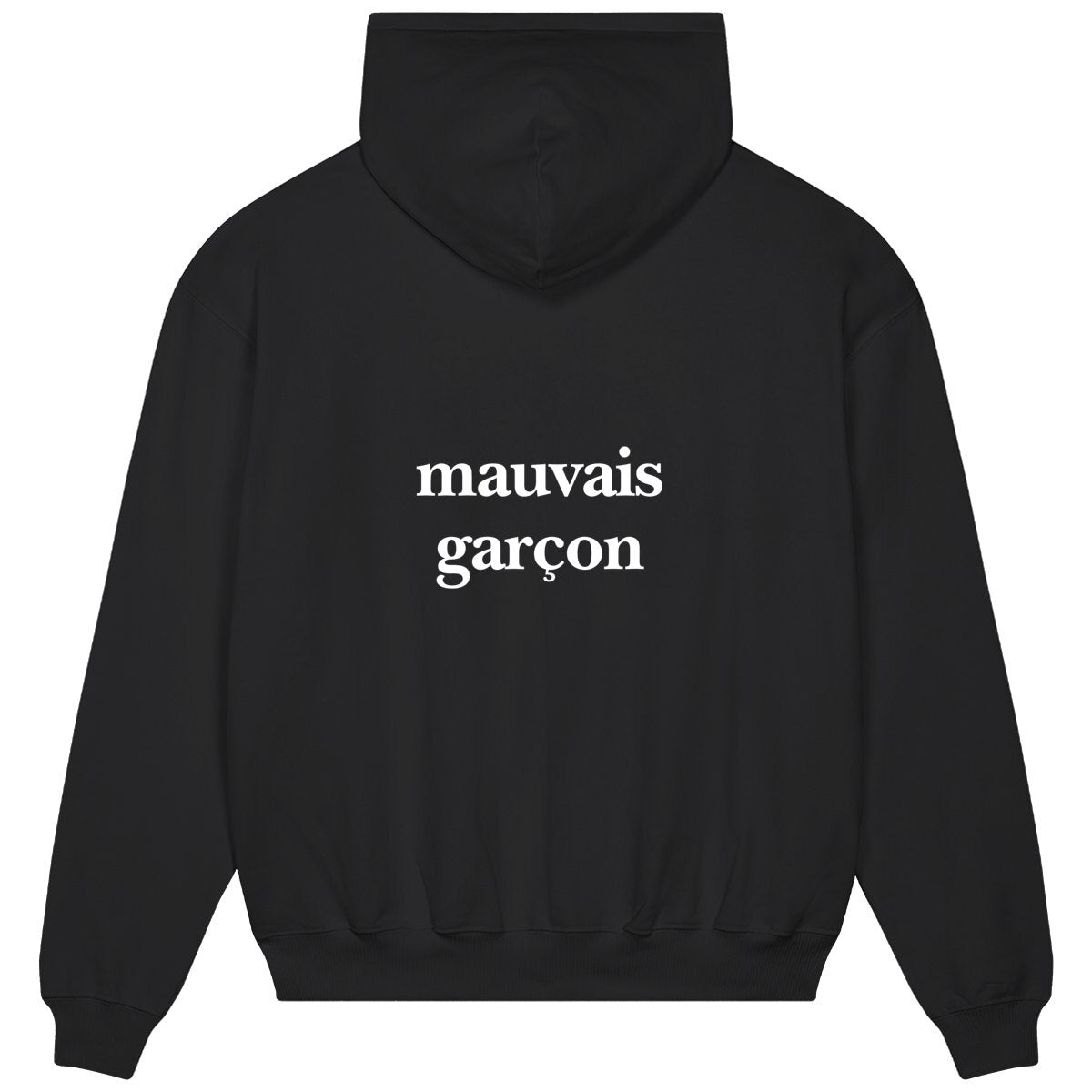 mauvais garçon hoodie over. garçon garçon essentiel black oversized hoodie. Encapsulate effortless Parisian cool with this hoodie, its subtle 'mauvais garçons ON THE BACK' emblem whispering understated sophistication. Crafted for comfort, styled for streets of Paris.
