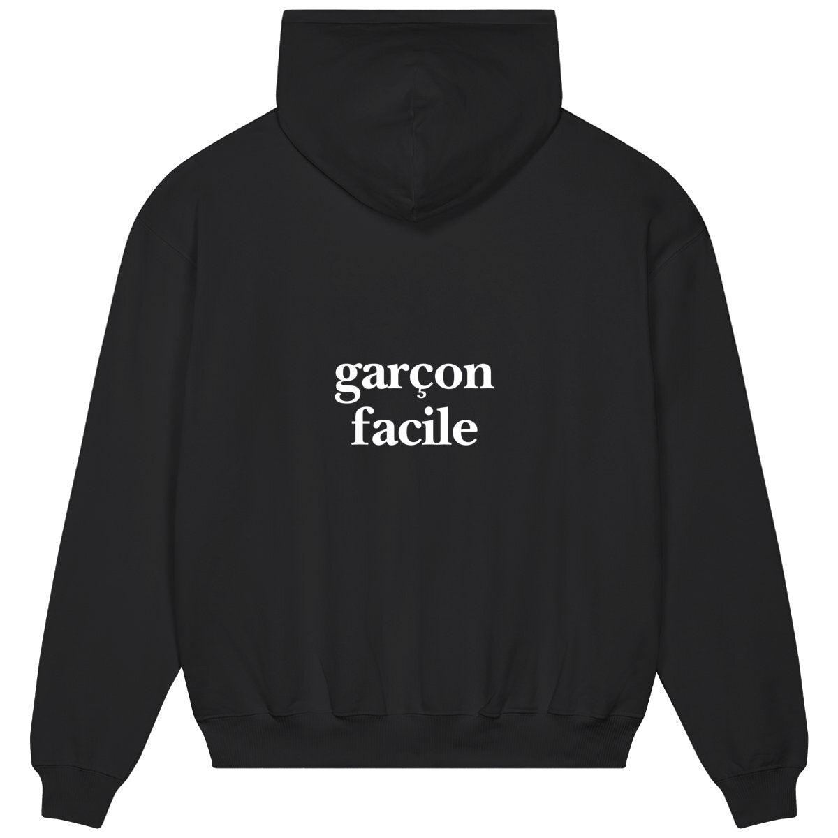 garçon facile hoodie over. garçon garçon essentiel black oversized hoodie. Encapsulate effortless Parisian cool with this hoodie, its subtle 'garçon facile ON THE BACK' emblem whispering understated sophistication. Crafted for comfort, styled for streets of Paris.