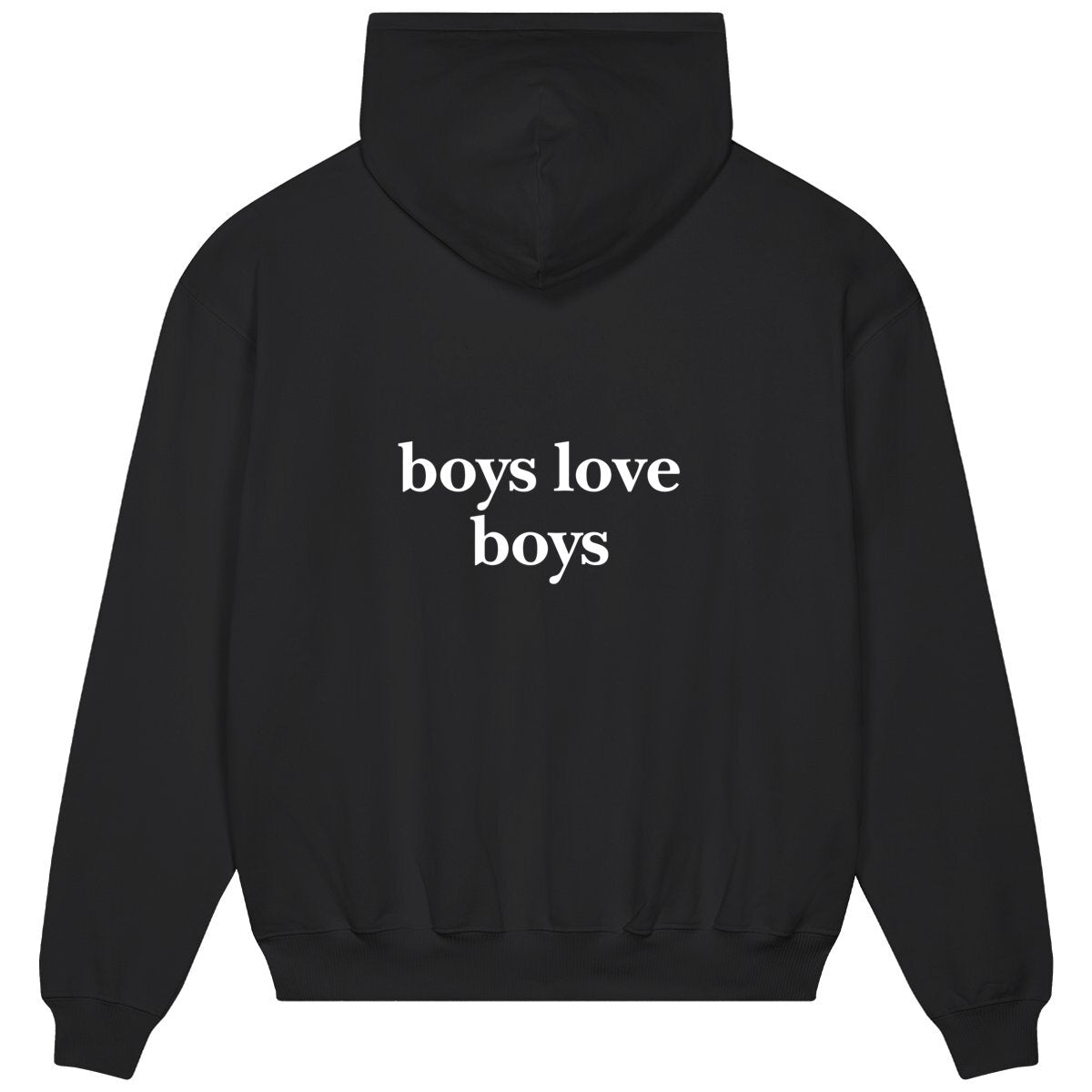 boys love boys hoodie over. garçon garçon essentiel black oversized hoodie. Encapsulate effortless Parisian cool with this hoodie, its subtle 'boys love boys ON THE BACK' emblem whispering understated sophistication. Crafted for comfort, styled for streets of Paris.