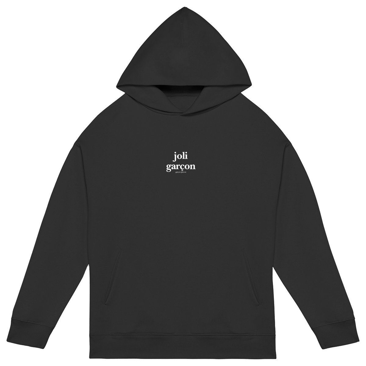 joli garçon hoodie over. garçon garçon essentiel oversized hoodie. Sleek in black and whispering Parisian chic, this hoodie is the sartorial whisper of 'garçon garçon' — a statement of understated elegance. Perfect for those who carry a piece of Paris in their hearts and a touch of audacity on their sleeves.