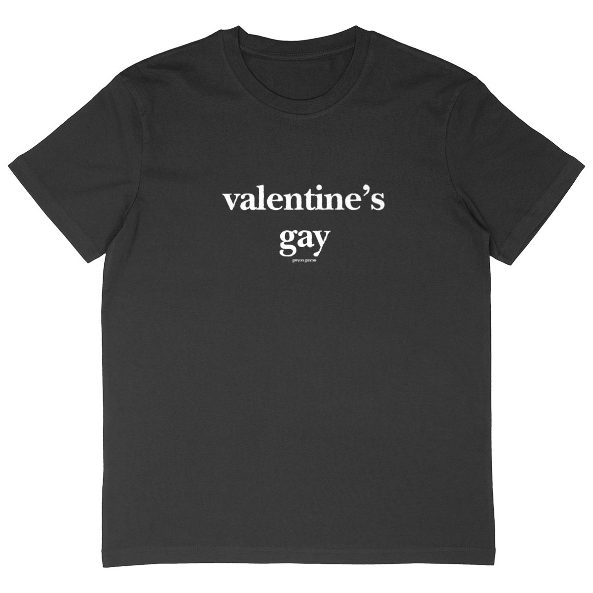 valentine's gay tee oversized. garçon garçon tee oversize BLACK. Dive into the essence of Parisian cool with this oversized tee. The subtle 'garçon garçon' signature whispers a chic narrative, offering a slice of the city's famed elegance. Perfect for those who speak style with simplicity.