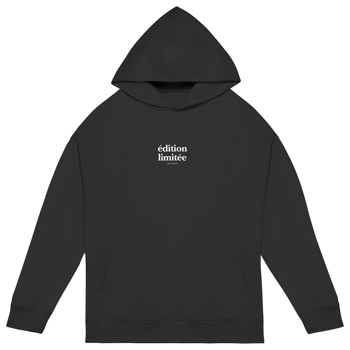edition limitée  hoodie oversized. garçon garçon essentiel oversized hoodie. Sleek in black and whispering Parisian chic, this hoodie is the sartorial whisper of 'garçon garçon' — a statement of understated elegance. Perfect for those who carry a piece of Paris in their hearts and a touch of audacity on their sleeves.