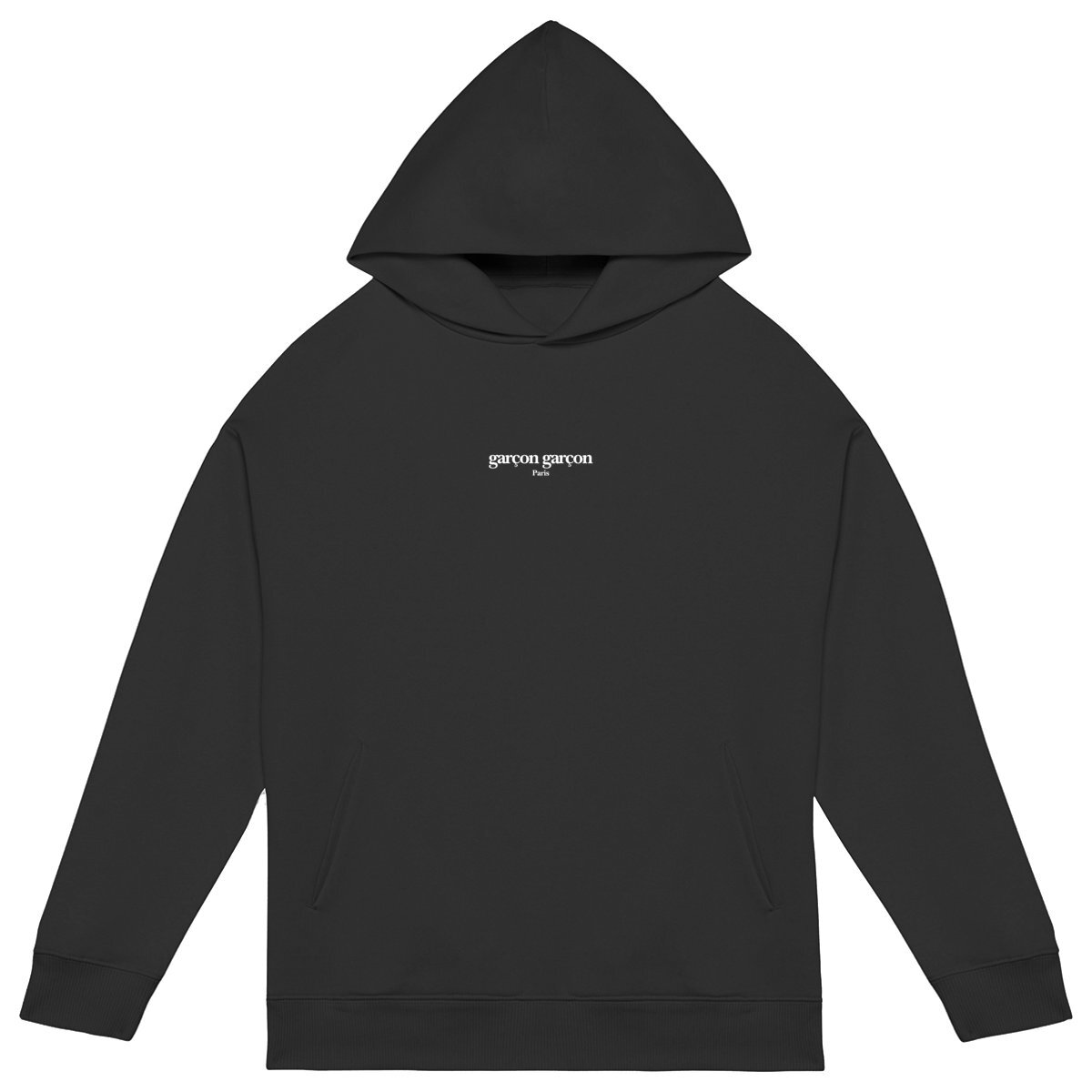garçon garçon essentiel black oversized hoodie. Sleek in black and whispering Parisian chic, this hoodie is the sartorial whisper of 'garçon garçon' — a statement of understated elegance. Perfect for those who carry a piece of Paris in their hearts and a touch of audacity on their sleeves.