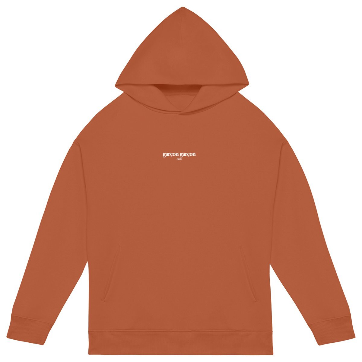  garçon garçon essentiel oversized hoodie. Sleek in orange and whispering Parisian chic, this hoodie is the sartorial whisper of 'garçon garçon' — a statement of understated elegance. Perfect for those who carry a piece of Paris in their hearts and a touch of audacity on their sleeves.