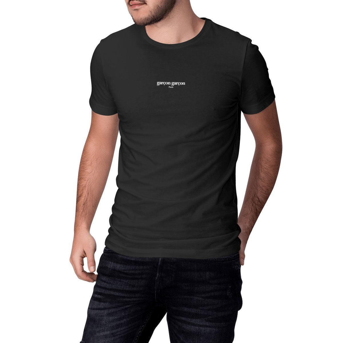 garçon garçon essentiel tee black. Dive into the essence of Parisian cool with this regular sized tee. The subtle 'garçon garçon' signature whispers a chic narrative, offering a slice of the city's famed elegance. Perfect for those who speak style with simplicity.