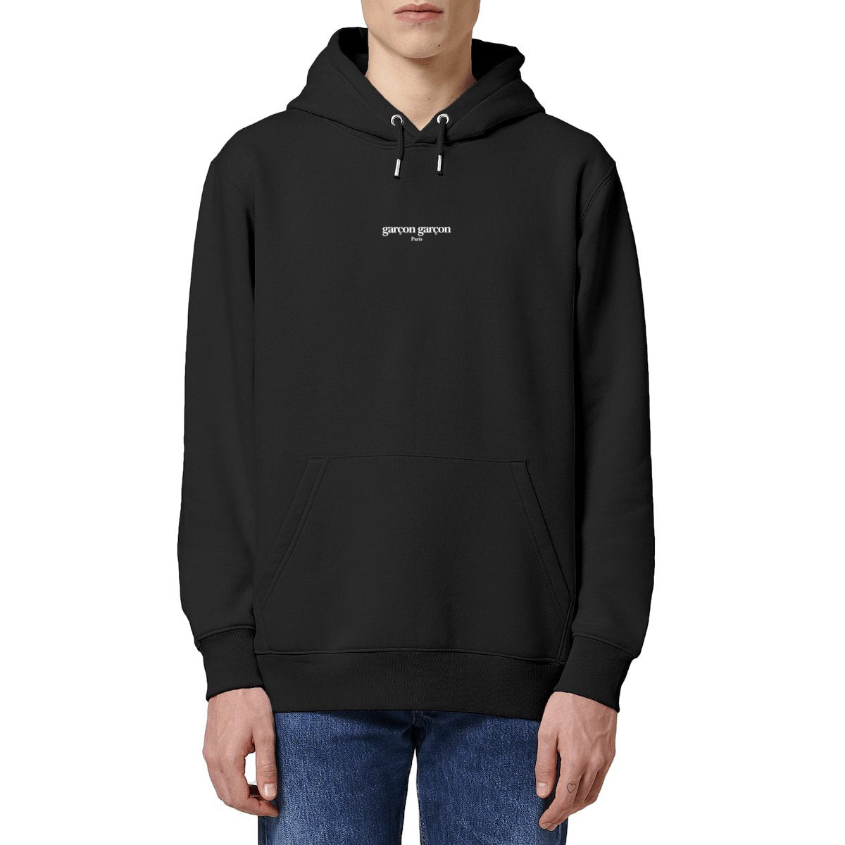 garçon garçon essentiel black hoodie. Sleek in black and whispering Parisian chic, this hoodie is the sartorial whisper of 'garçon garçon' — a statement of understated elegance. Perfect for those who carry a piece of Paris in their hearts and a touch of audacity on their sleeves.